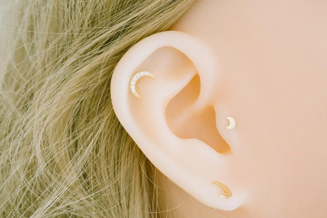 14k Gold Small Cubic Moon Barbell Ear Stud Piercing