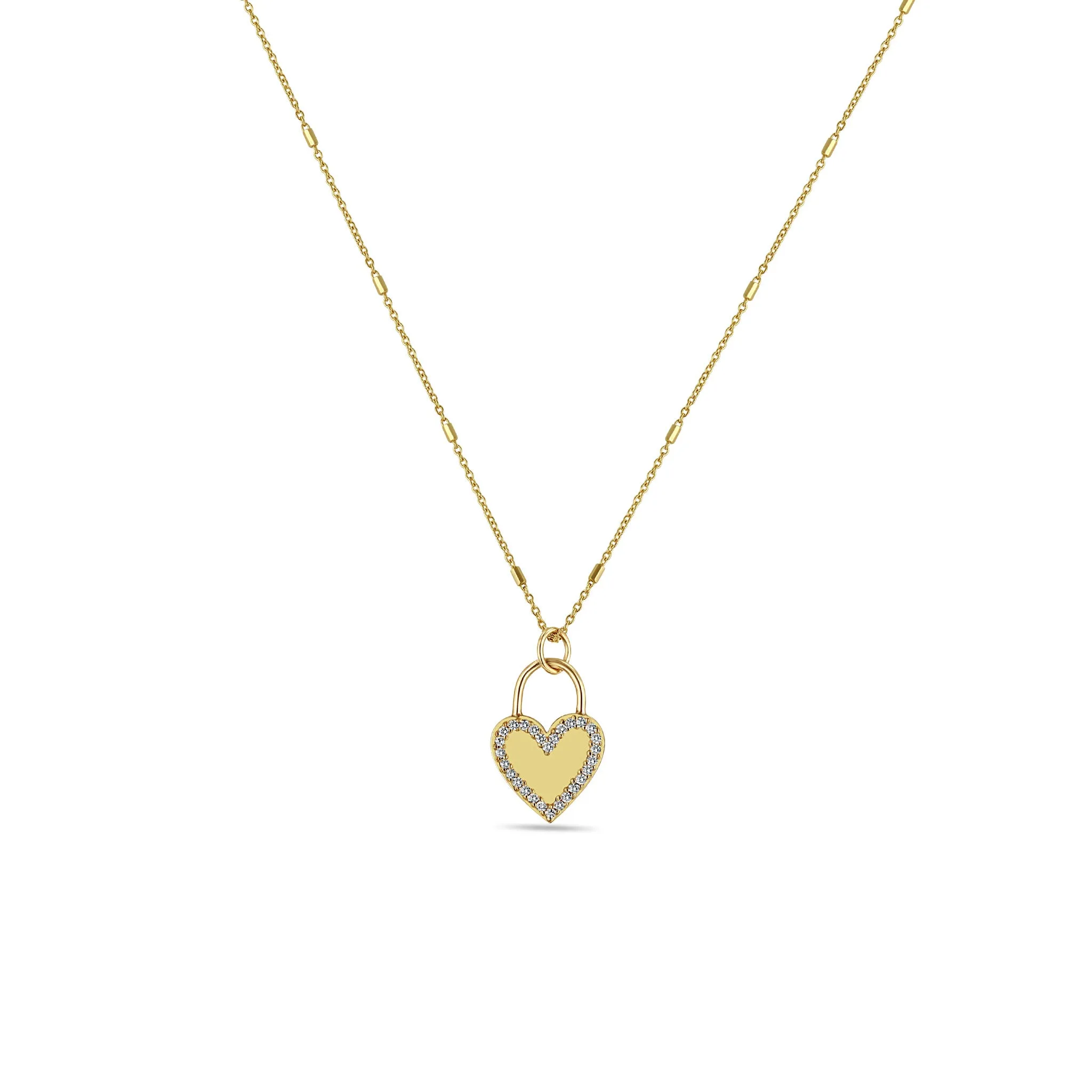 14k Heart Padlock with Pavé Diamond Border Pendant Necklace