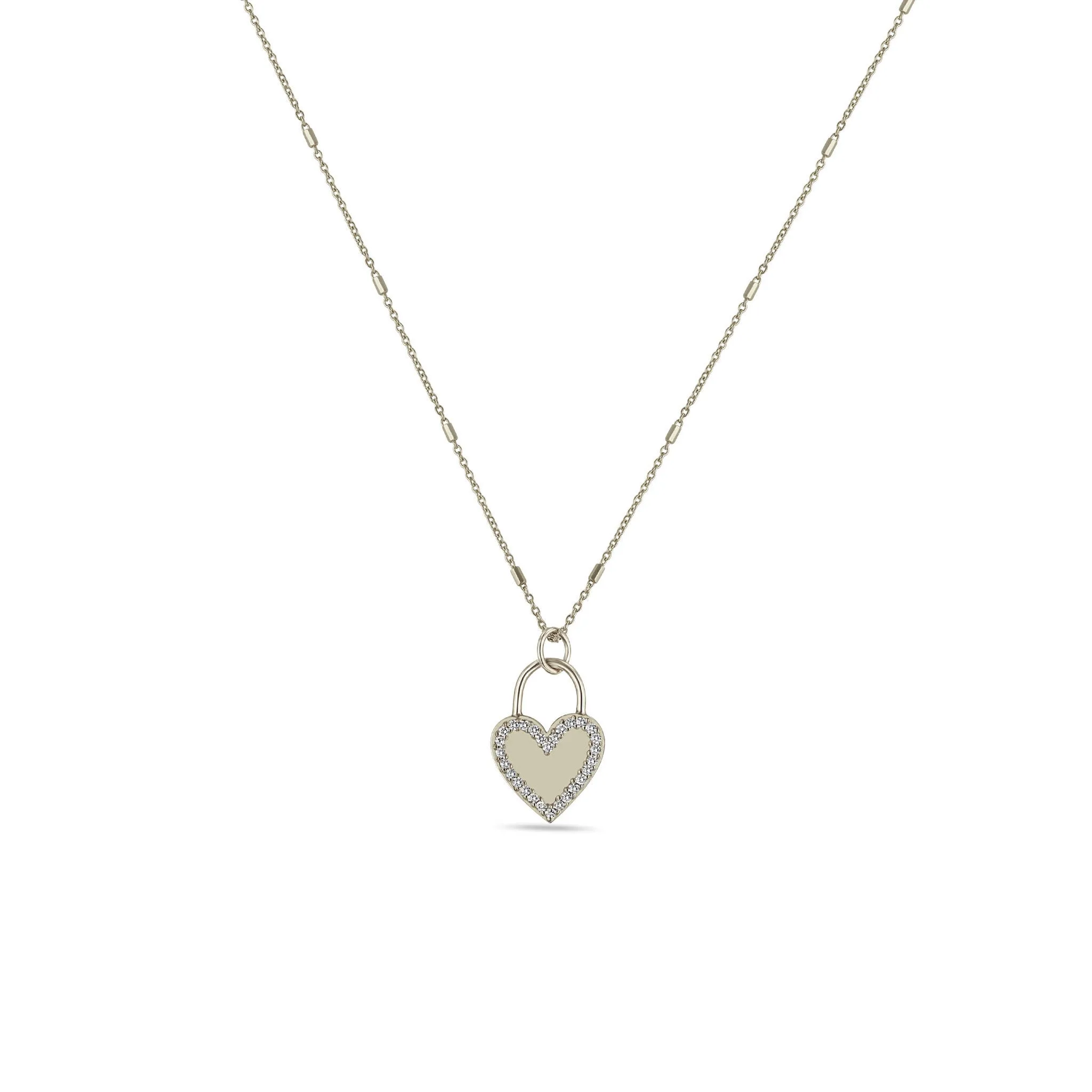 14k Heart Padlock with Pavé Diamond Border Pendant Necklace