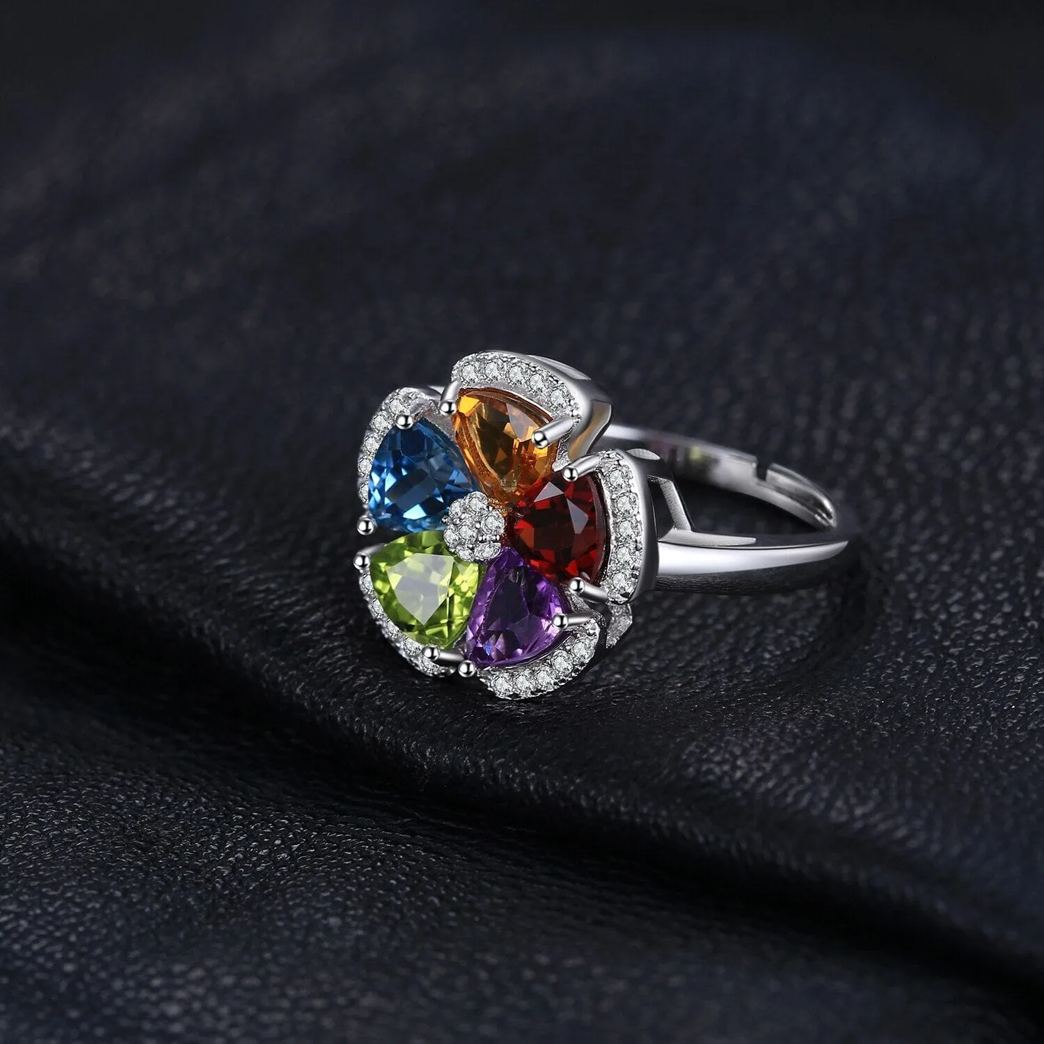 2.6ct Genuine Peridot, Blue Topaz, Amethyst, Citrine & Garnet Adjustable Cocktail 925 Sterling Silver Ring