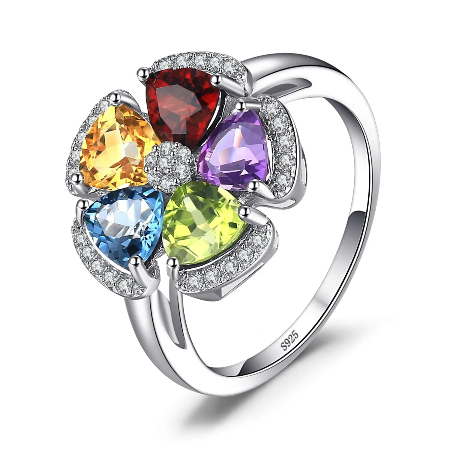 2.6ct Genuine Peridot, Blue Topaz, Amethyst, Citrine & Garnet Adjustable Cocktail 925 Sterling Silver Ring