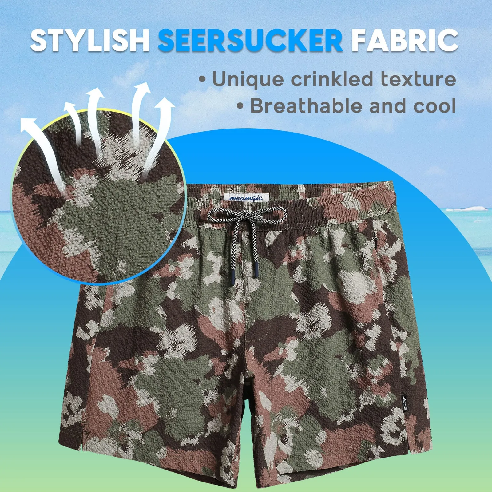 5.5 Inseam 2 in 1 Seersucker Short Liner Brown Camo Swim Shorts