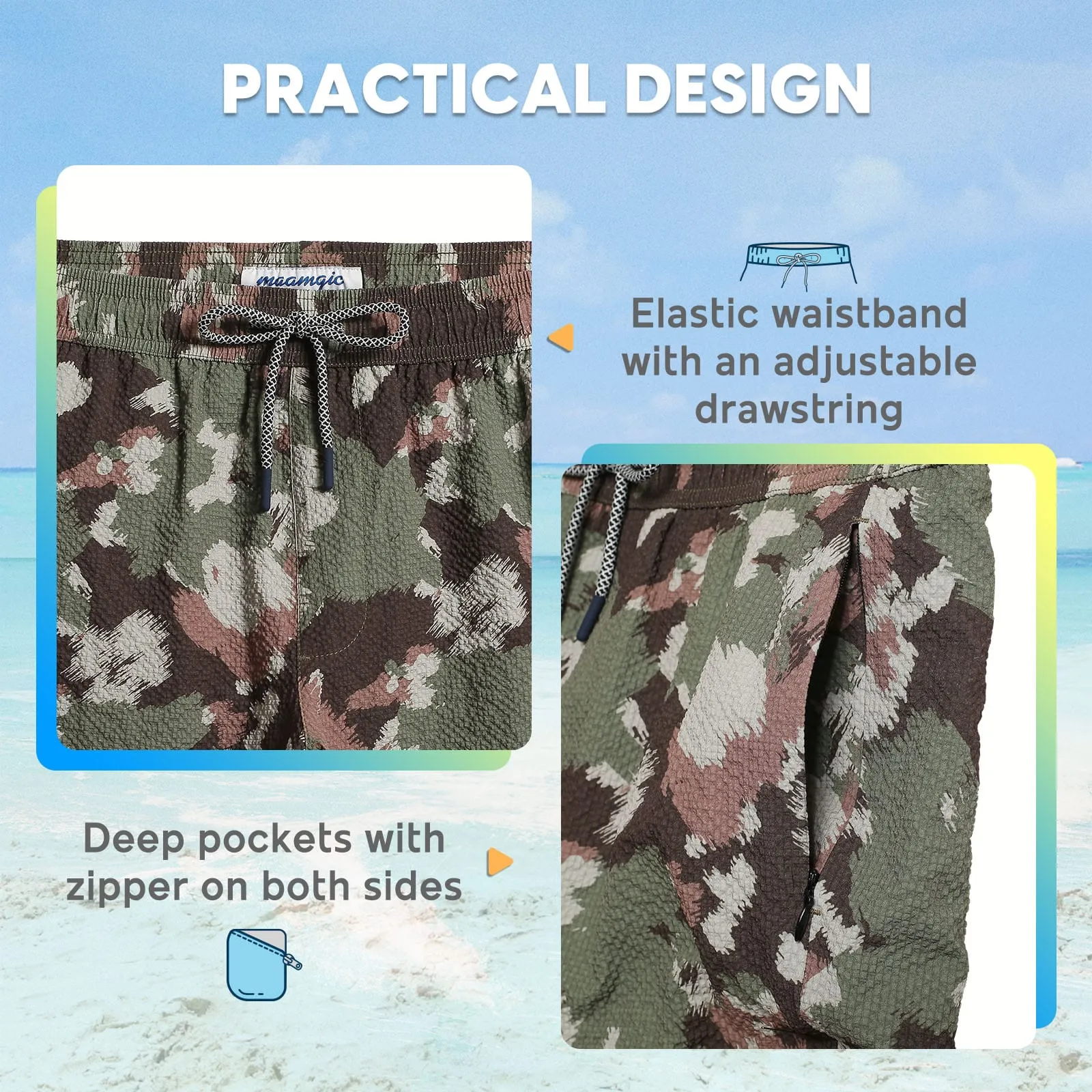 5.5 Inseam 2 in 1 Seersucker Short Liner Brown Camo Swim Shorts