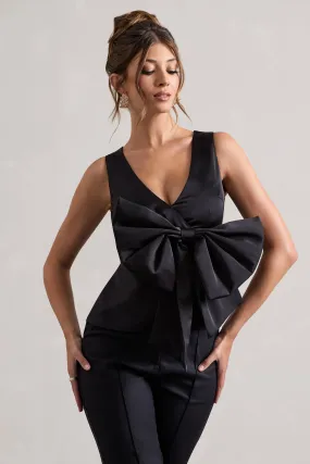 Adoration | Black Satin Plunge-Neck Top With Bow