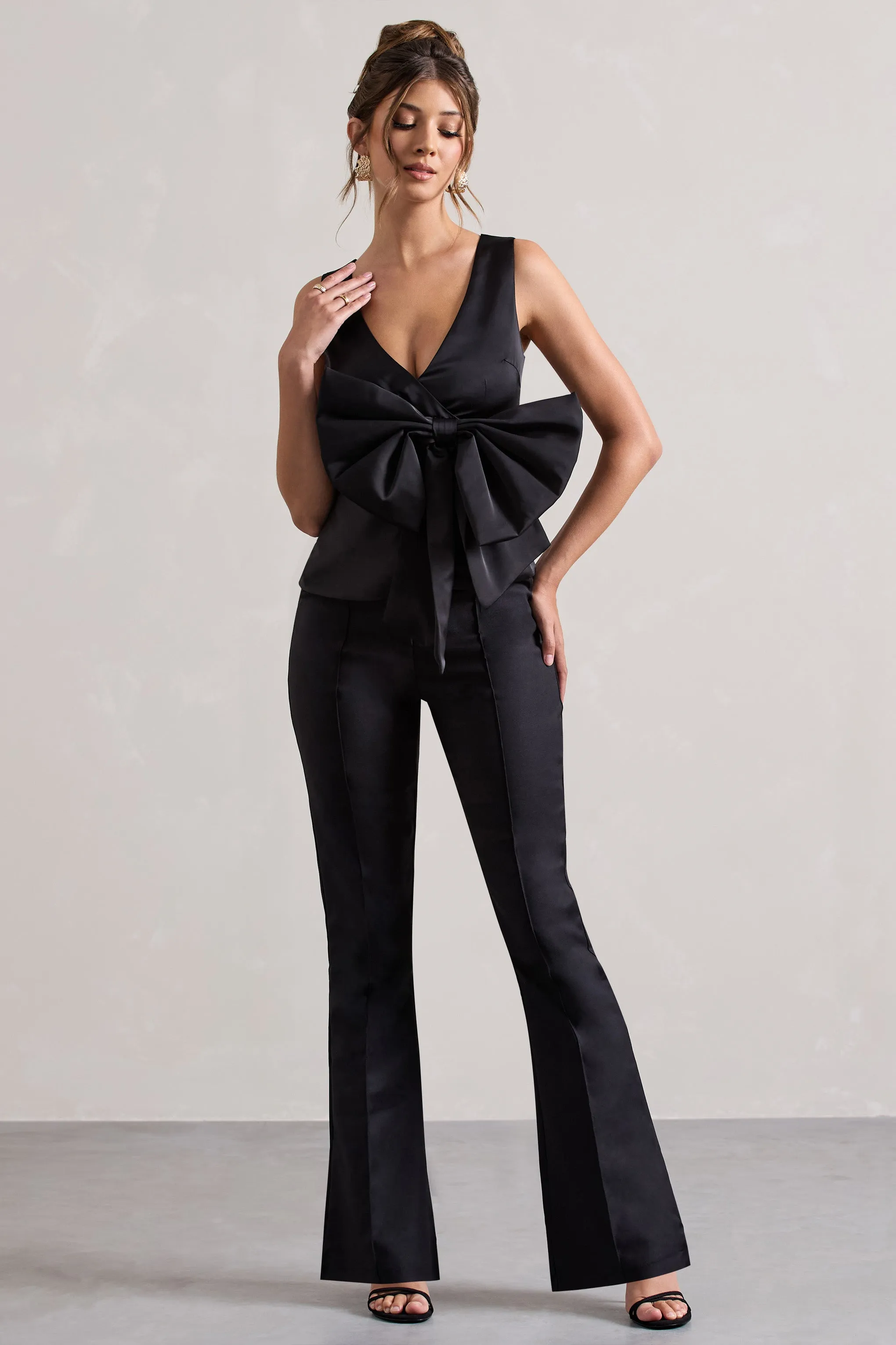 Adoration | Black Satin Plunge-Neck Top With Bow