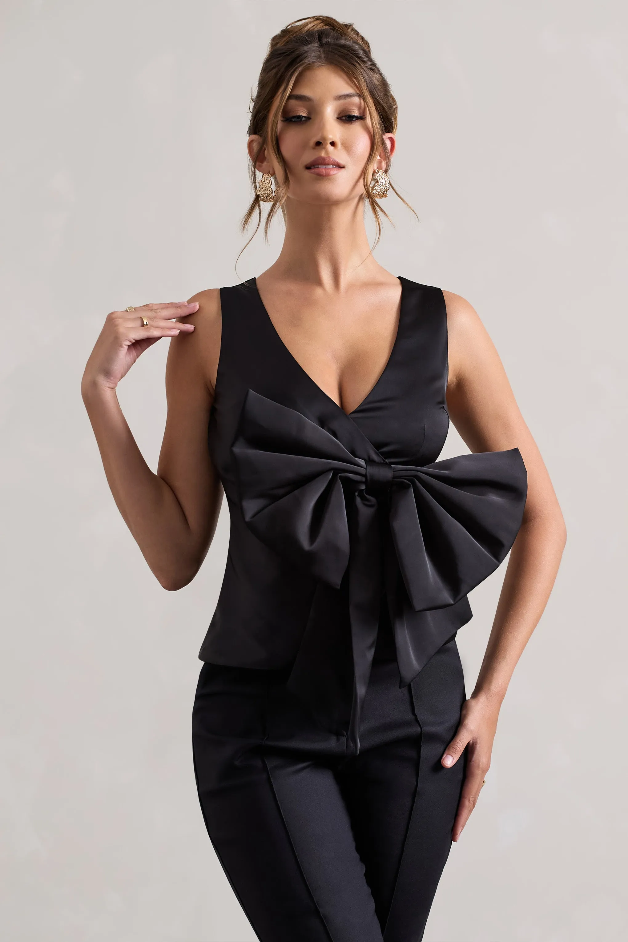 Adoration | Black Satin Plunge-Neck Top With Bow