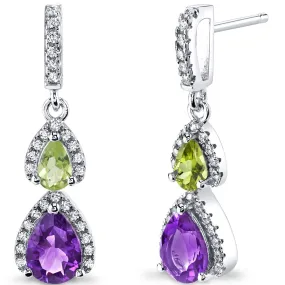 Amethyst and Peridot Halo 2 Stone Earrings Sterling Silver Pear Shape 1.50 Carats