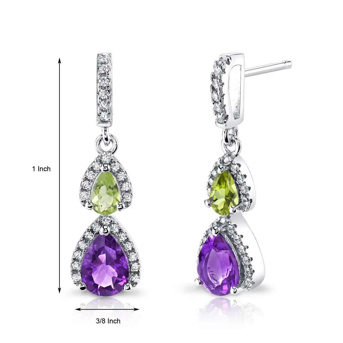 Amethyst and Peridot Halo 2 Stone Earrings Sterling Silver Pear Shape 1.50 Carats