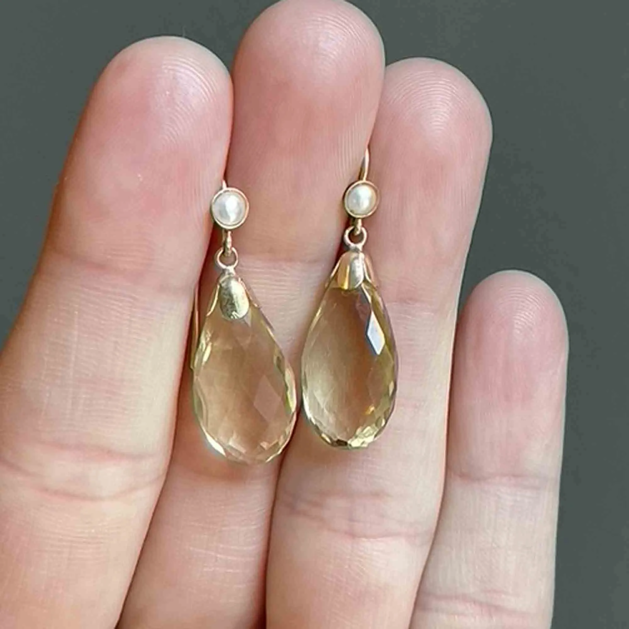 Art Deco Style Gold Pearl Lemon Citrine Drop Earrings