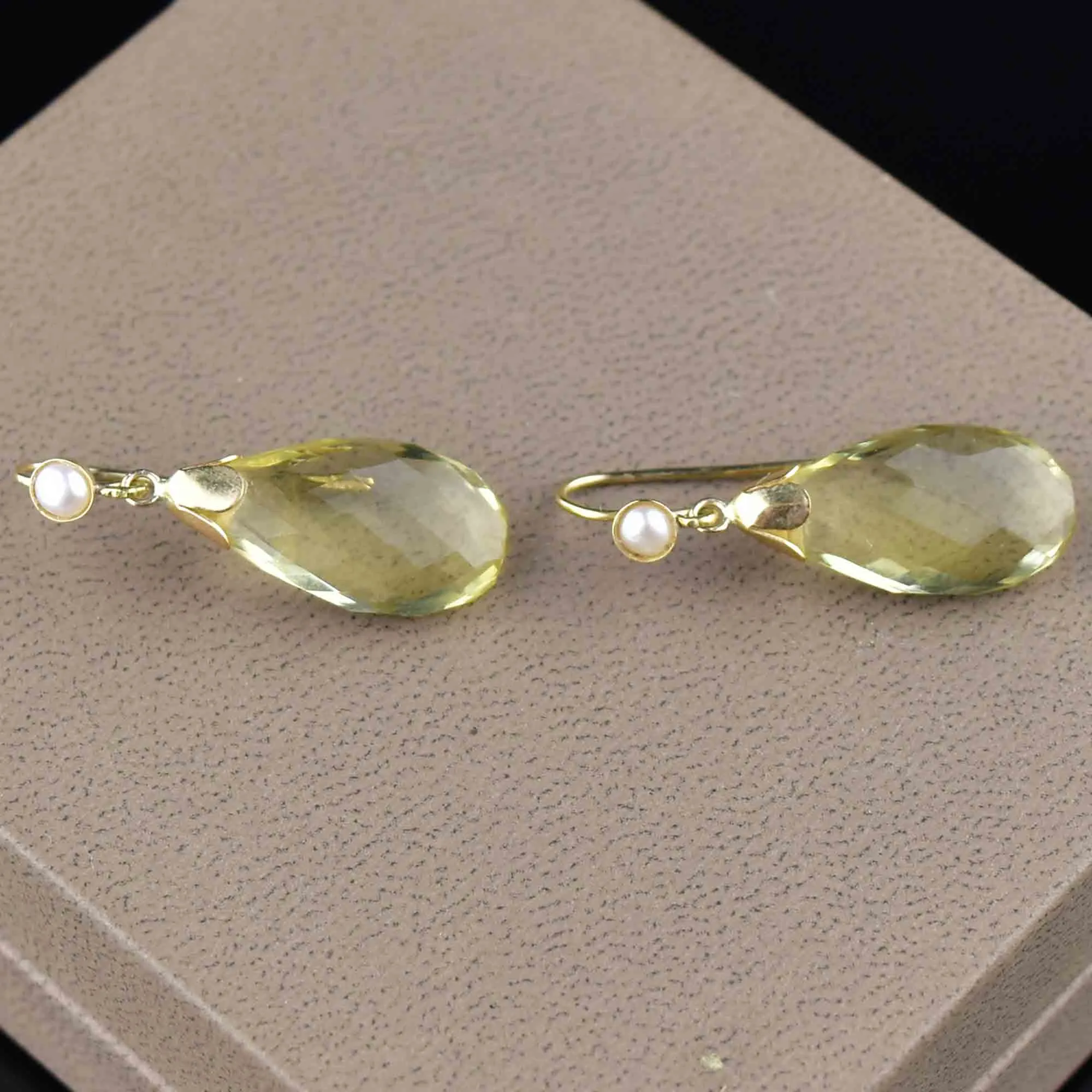 Art Deco Style Gold Pearl Lemon Citrine Drop Earrings