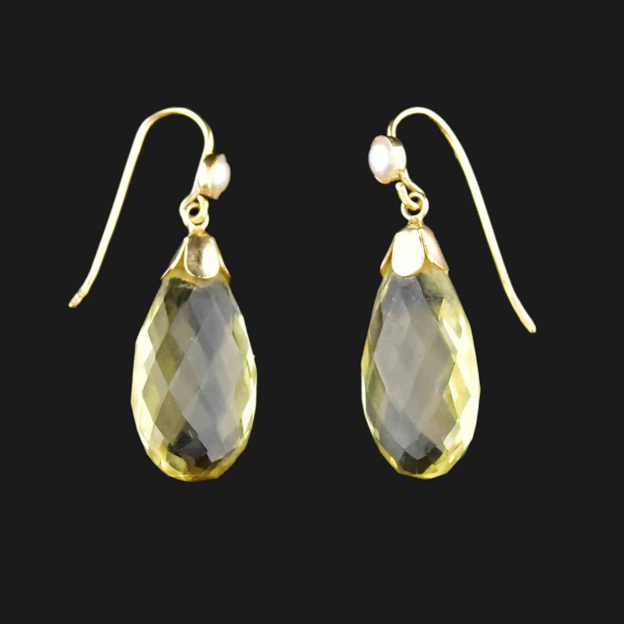 Art Deco Style Gold Pearl Lemon Citrine Drop Earrings