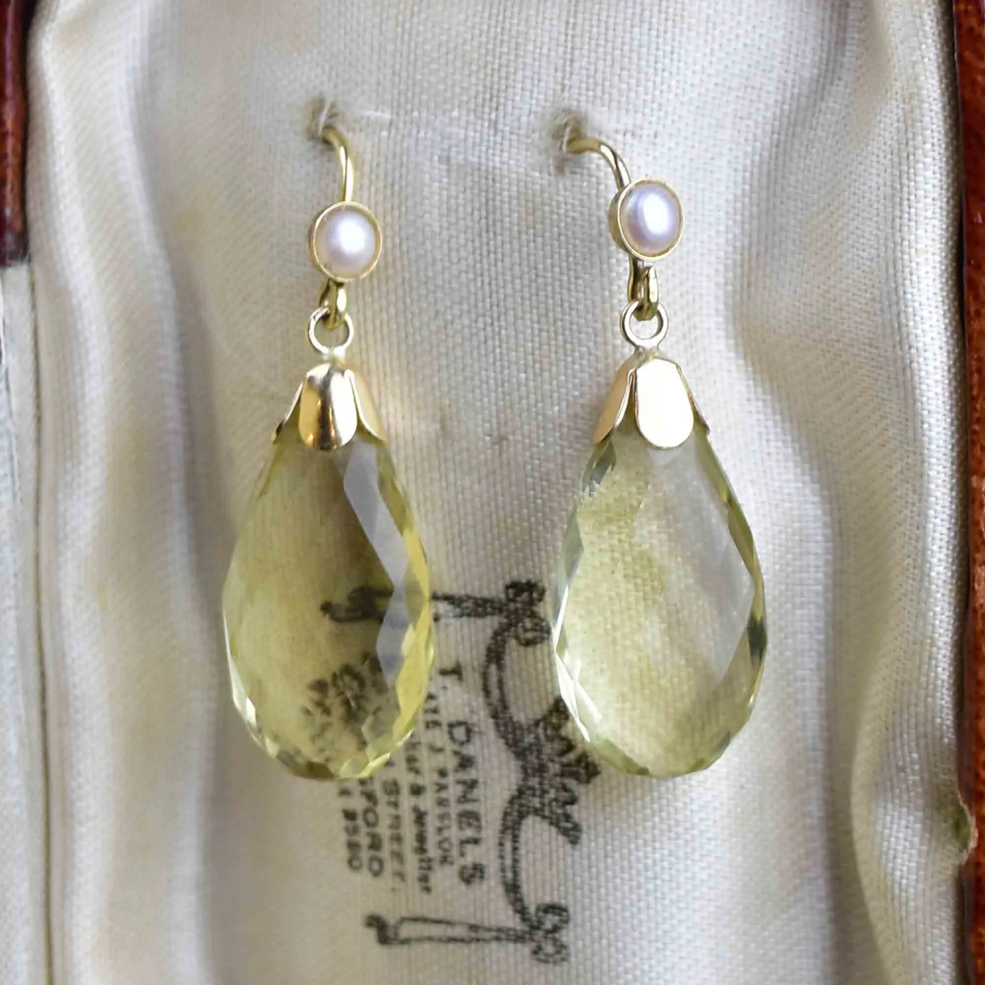 Art Deco Style Gold Pearl Lemon Citrine Drop Earrings