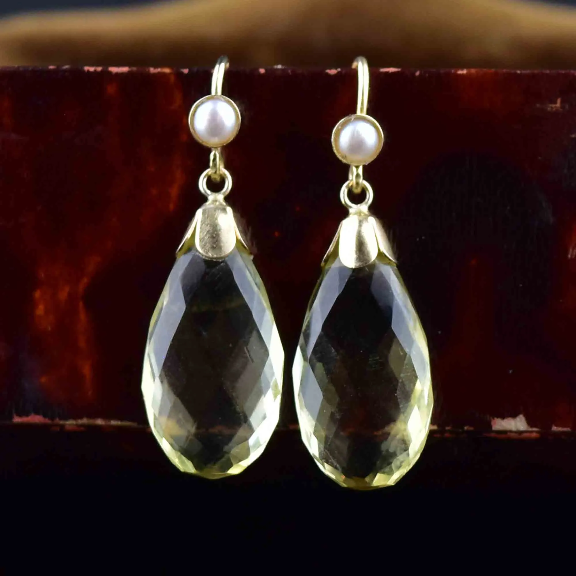 Art Deco Style Gold Pearl Lemon Citrine Drop Earrings