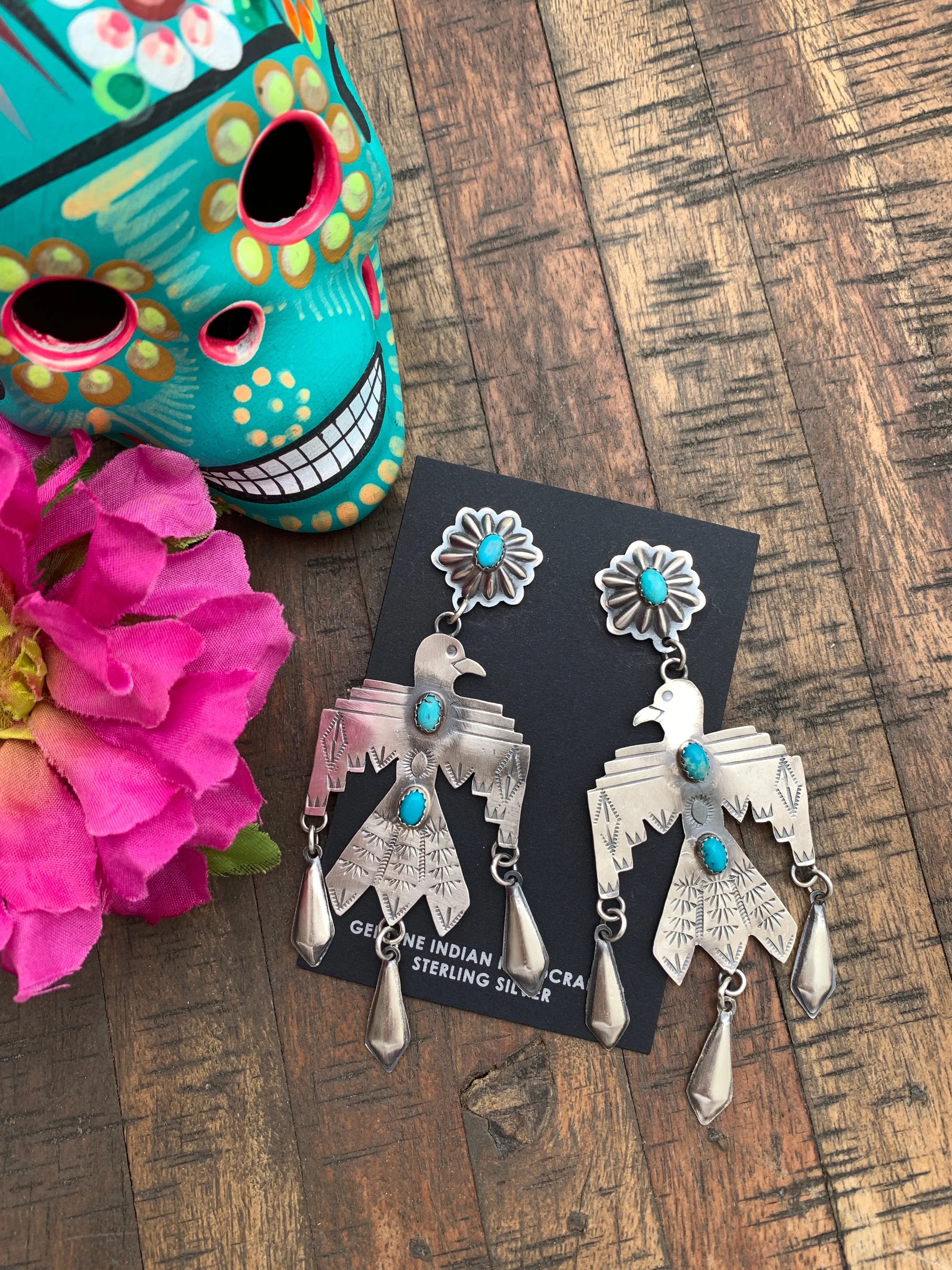 Blue Thunderbird Dangle Earrings