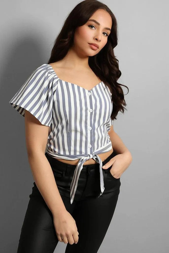 Buttoned & Tie Up Front Stripy Top