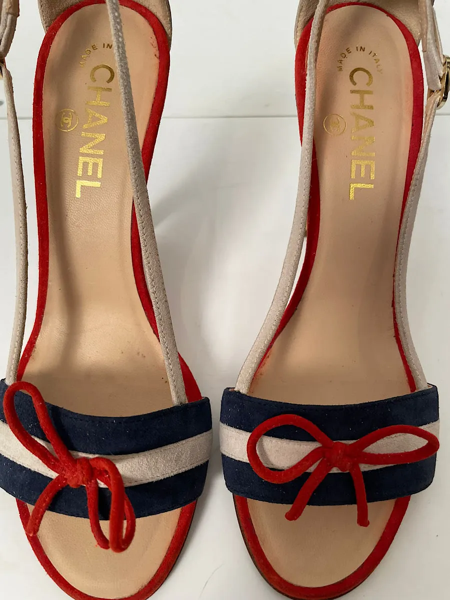 Chanel 08C, 2008 Cruise suede red white blue cork sandal strap Heels EU 37 US 6.5/7