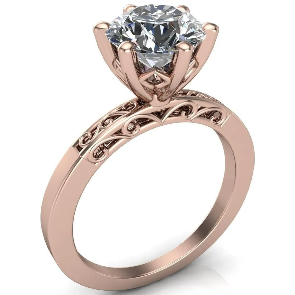 Eliza Round Lab-Grown Diamond Center Stone Filigree Hollowed Quarter Band 6 Prong Serenade Solitaire Engagement Ring