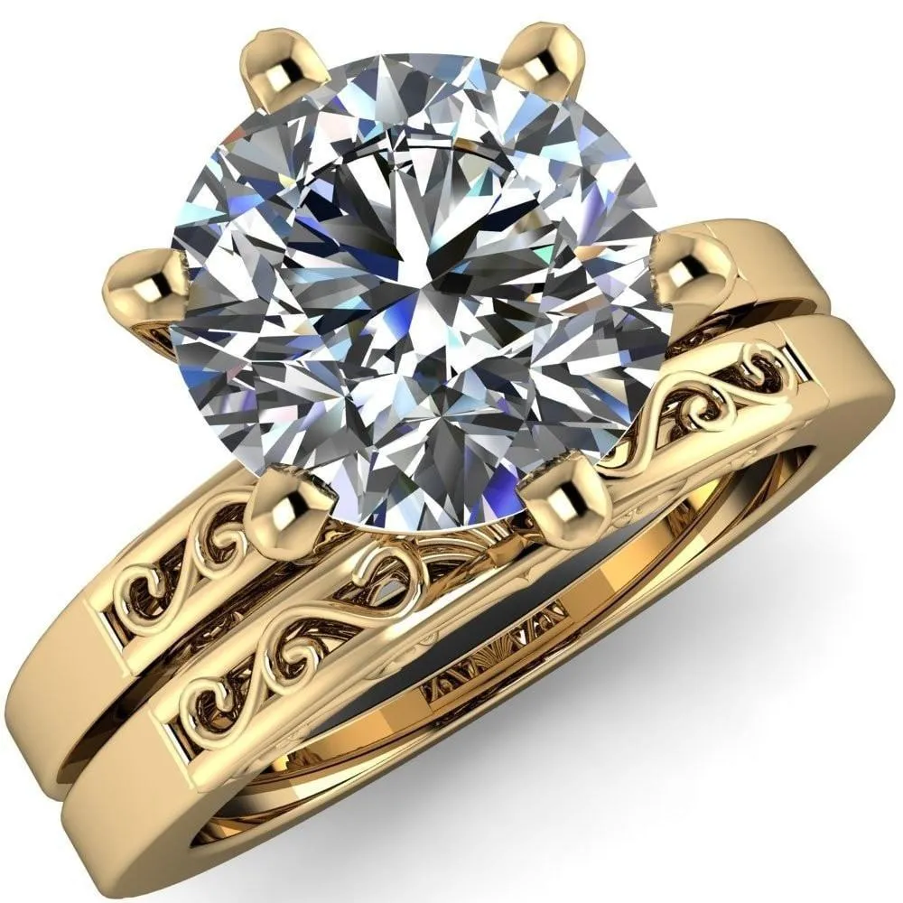 Eliza Round Lab-Grown Diamond Center Stone Filigree Hollowed Quarter Band 6 Prong Serenade Solitaire Engagement Ring