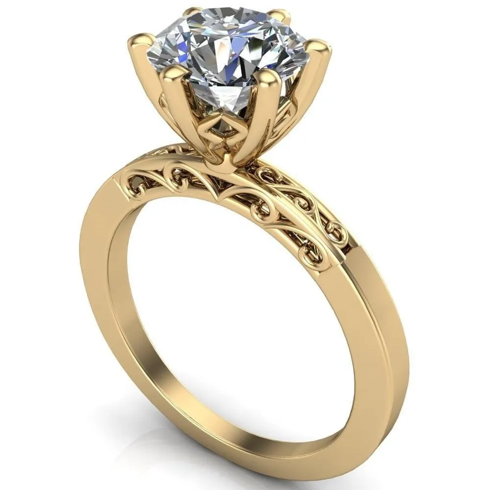 Eliza Round Lab-Grown Diamond Center Stone Filigree Hollowed Quarter Band 6 Prong Serenade Solitaire Engagement Ring