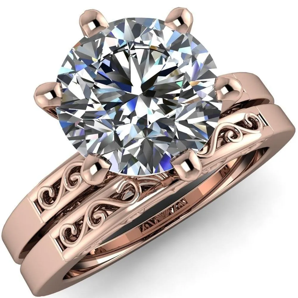 Eliza Round Lab-Grown Diamond Center Stone Filigree Hollowed Quarter Band 6 Prong Serenade Solitaire Engagement Ring