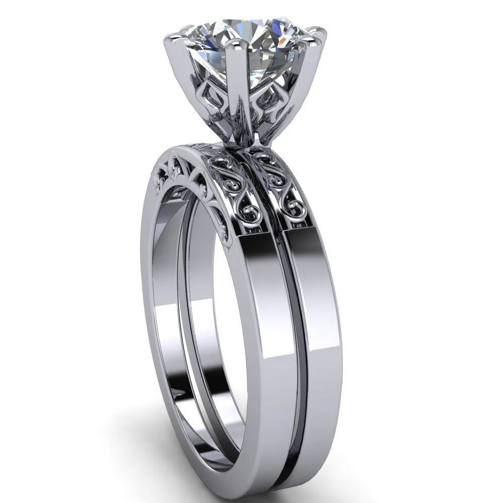 Eliza Round Lab-Grown Diamond Center Stone Filigree Hollowed Quarter Band 6 Prong Serenade Solitaire Engagement Ring