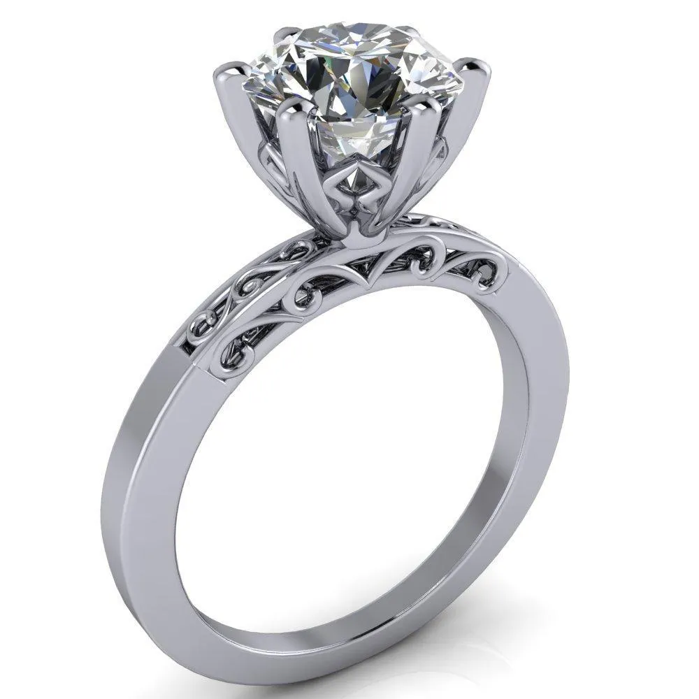 Eliza Round Lab-Grown Diamond Center Stone Filigree Hollowed Quarter Band 6 Prong Serenade Solitaire Engagement Ring