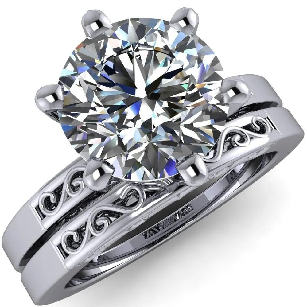 Eliza Round Lab-Grown Diamond Center Stone Filigree Hollowed Quarter Band 6 Prong Serenade Solitaire Engagement Ring