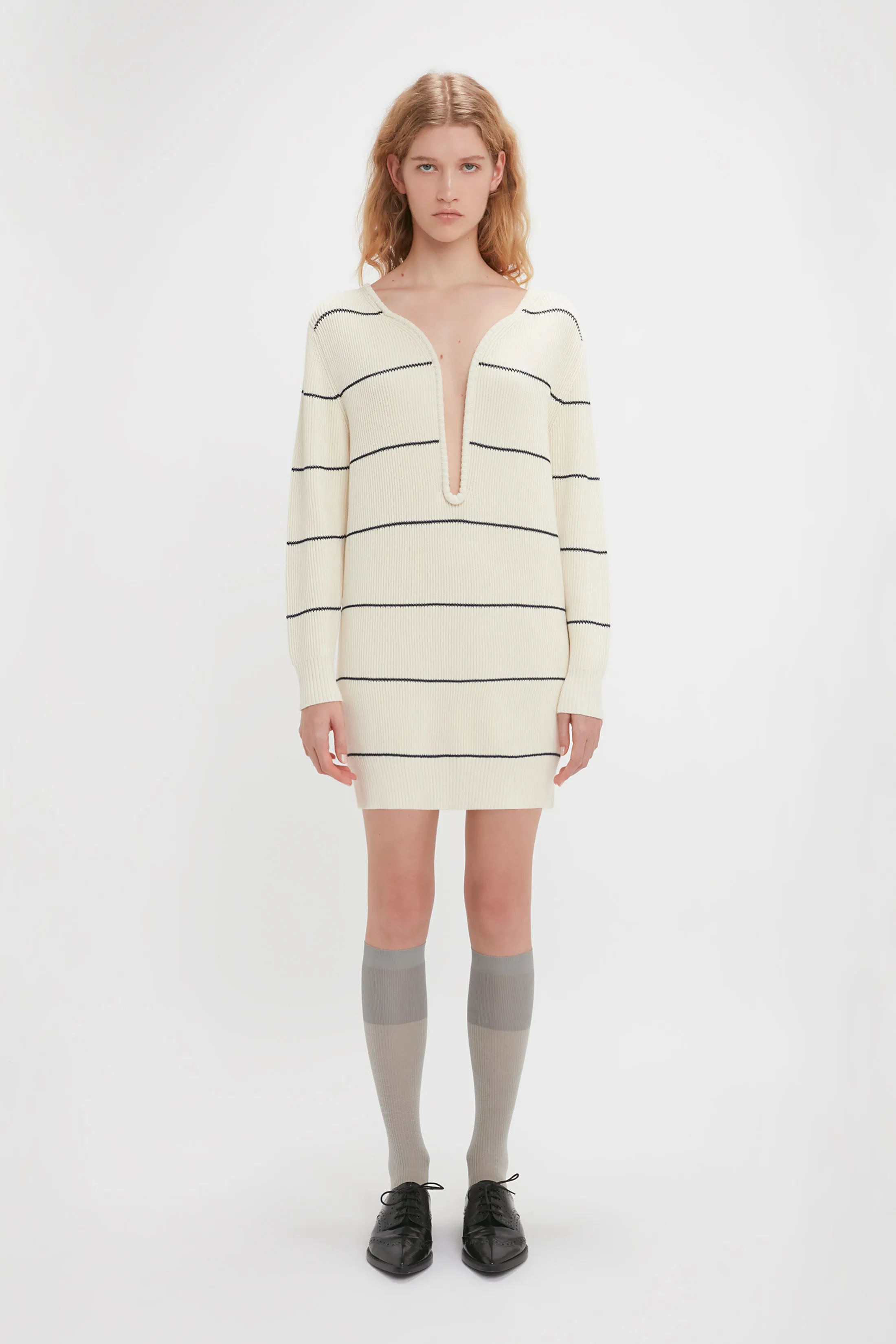 Frame Detail Jumper Dress In Natural-Navy