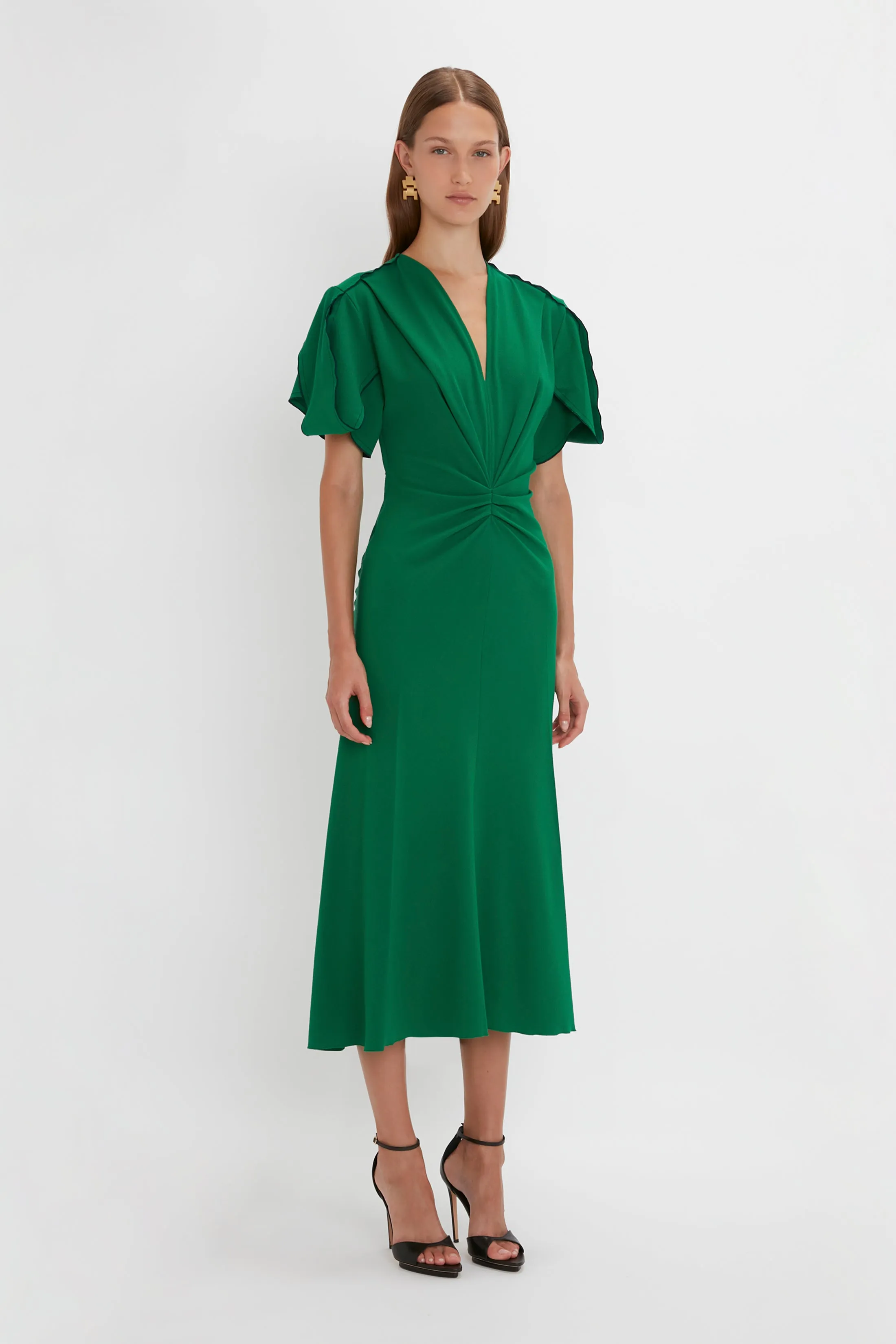 Gathered V-Neck Midi Dress in Emerald