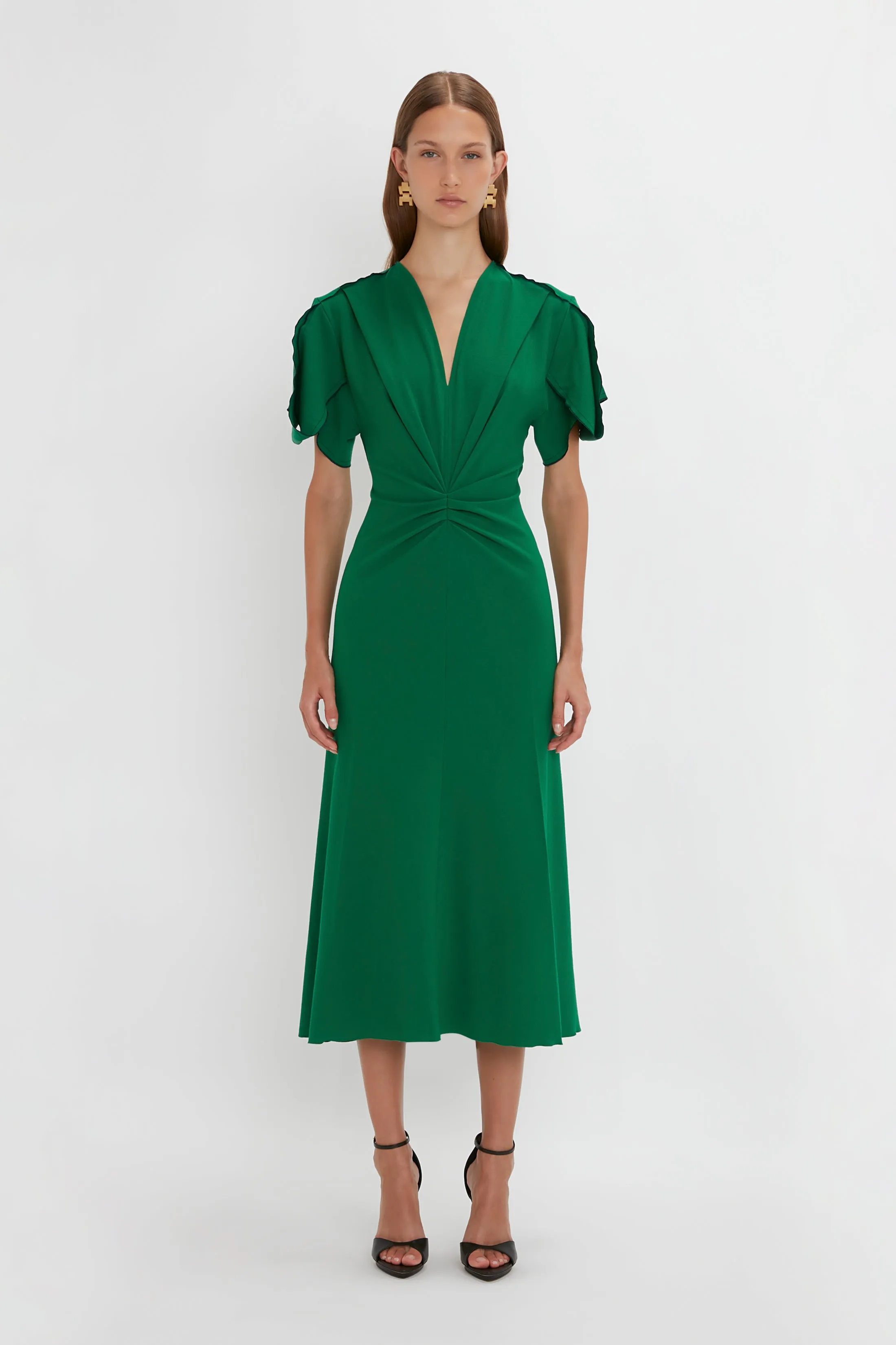 Gathered V-Neck Midi Dress in Emerald