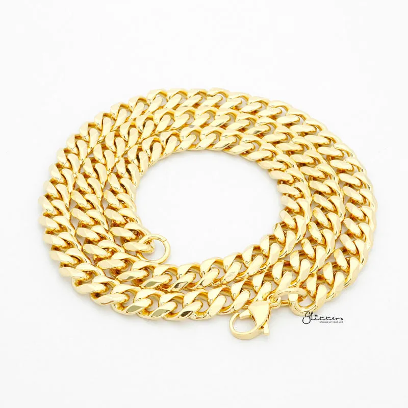 Gold I.P Stainless Steel Beveled Cuban Chain Necklace - 9mm width