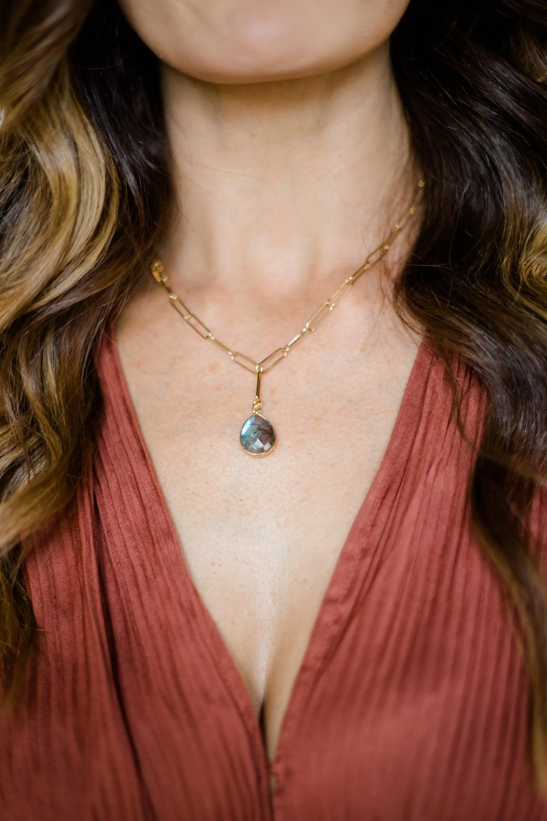 Gold Paperclip Chain with Blue Flash Labradorite Necklace