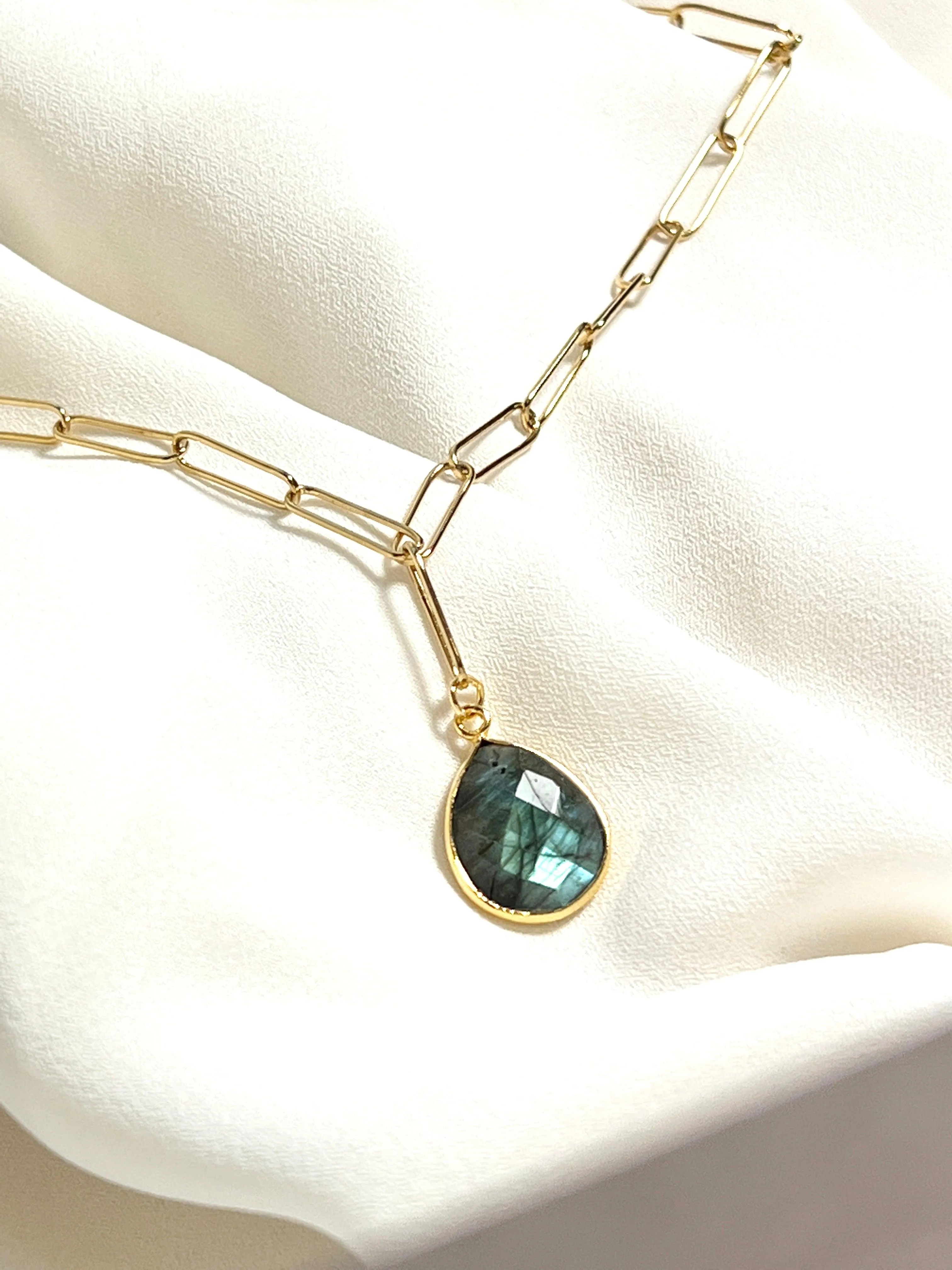 Gold Paperclip Chain with Blue Flash Labradorite Necklace