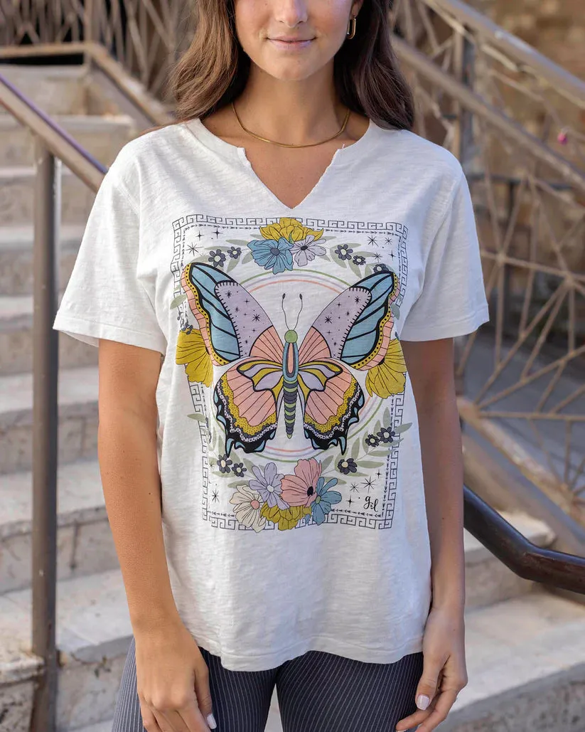 Grace and Lace Notched Neck Washed & Worn Graphic Tee - Butterfly