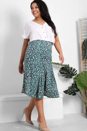 Green Pink Brush Strokes Print Satin Skirt