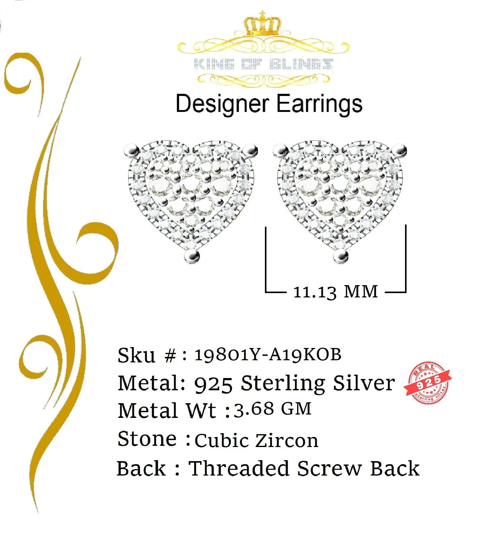 King of Bling's Aretes Para Hombre 925 Yellow Silver 1.64ct Cubic Zirconia Heart Women's Earring