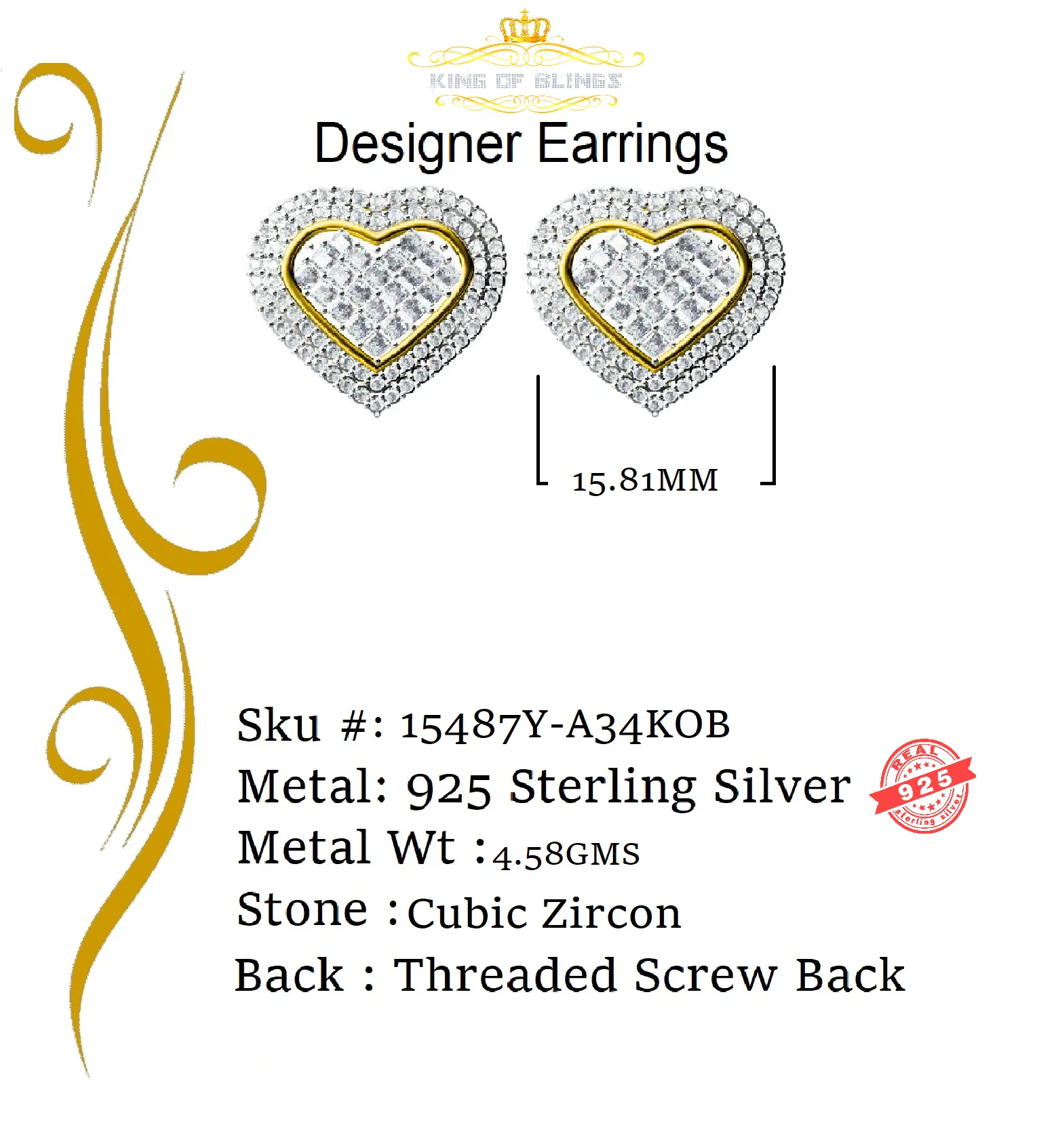 King of Bling's HIp Hop Yellow Sterling Silver Women's & Men 1.44ct Cubic Zirconia Heart Earring