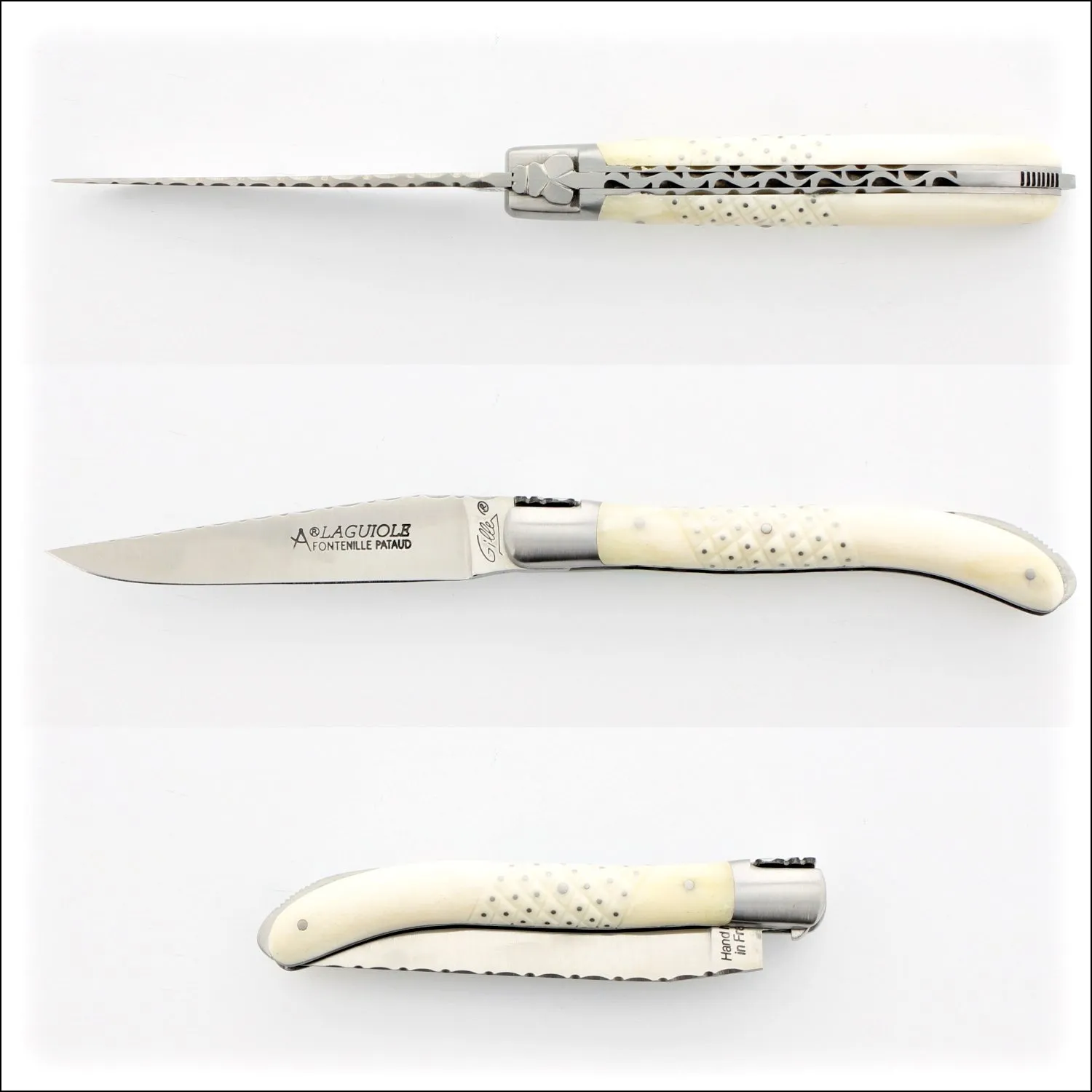 Laguiole XS 9 cm Guilloche Studded Bone Handle