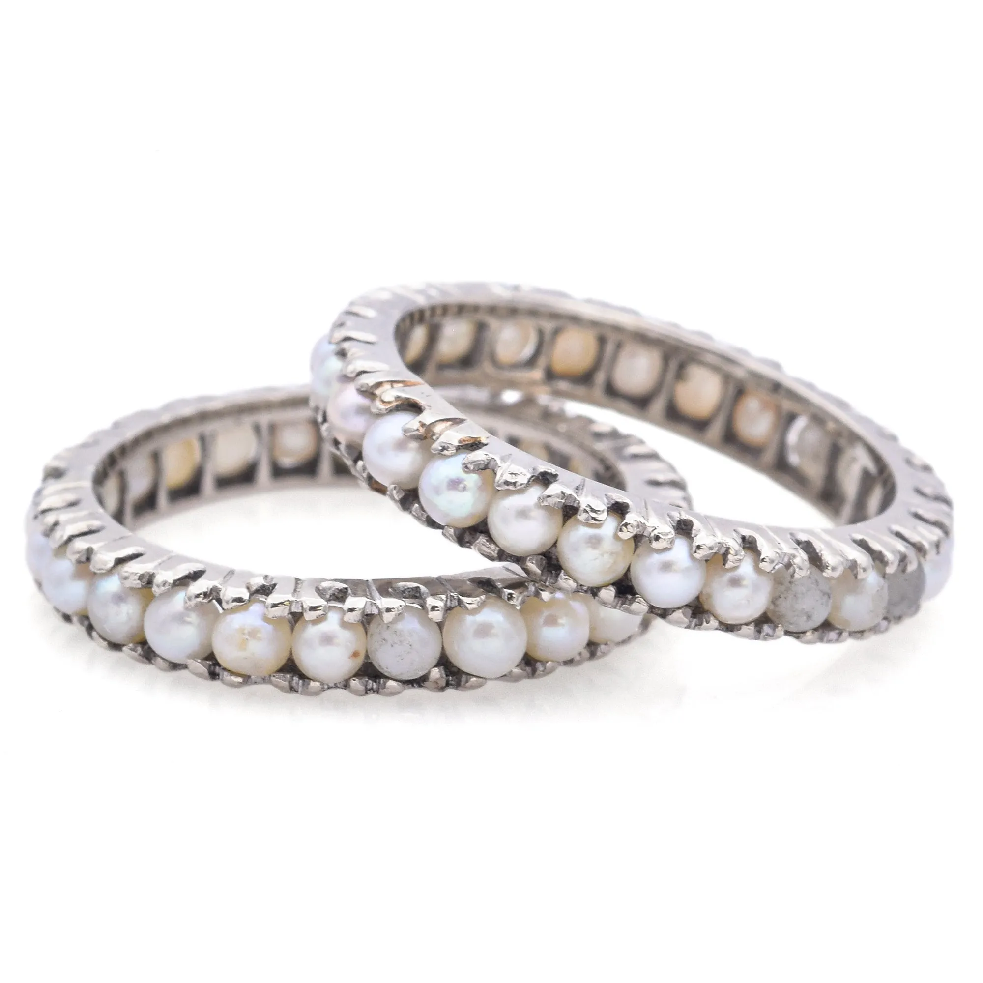 Lot of 2 Vintage 13K White Gold Pearl Eternity Band Rings Size 4