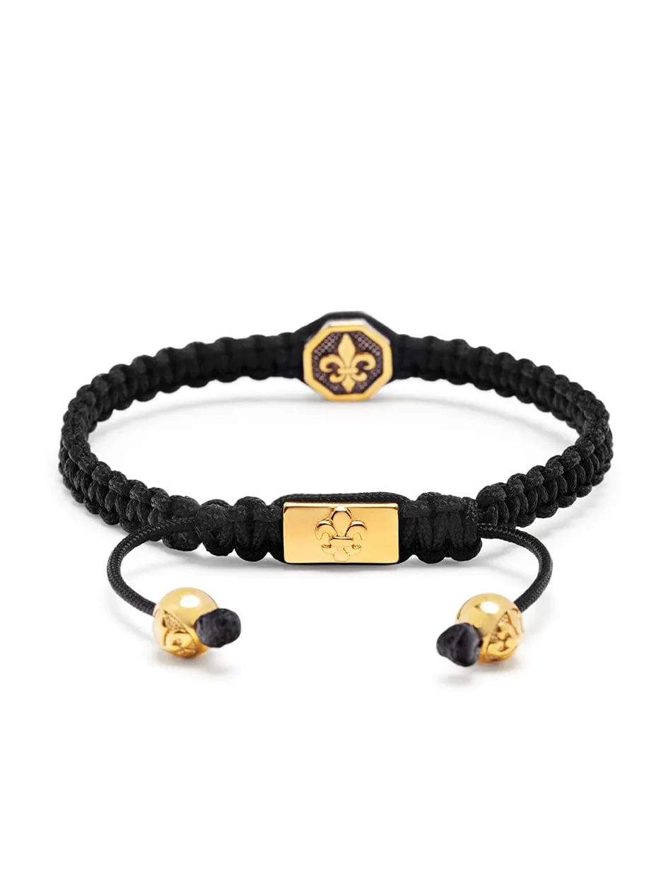 Men's Black String Bracelet with Vintage Gold Fleur De Lis Charm