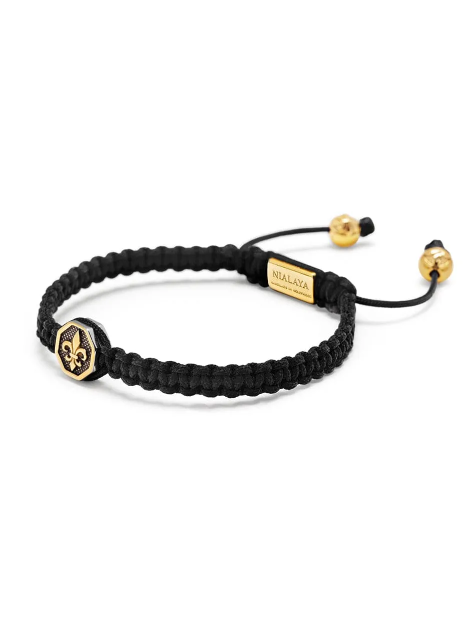 Men's Black String Bracelet with Vintage Gold Fleur De Lis Charm