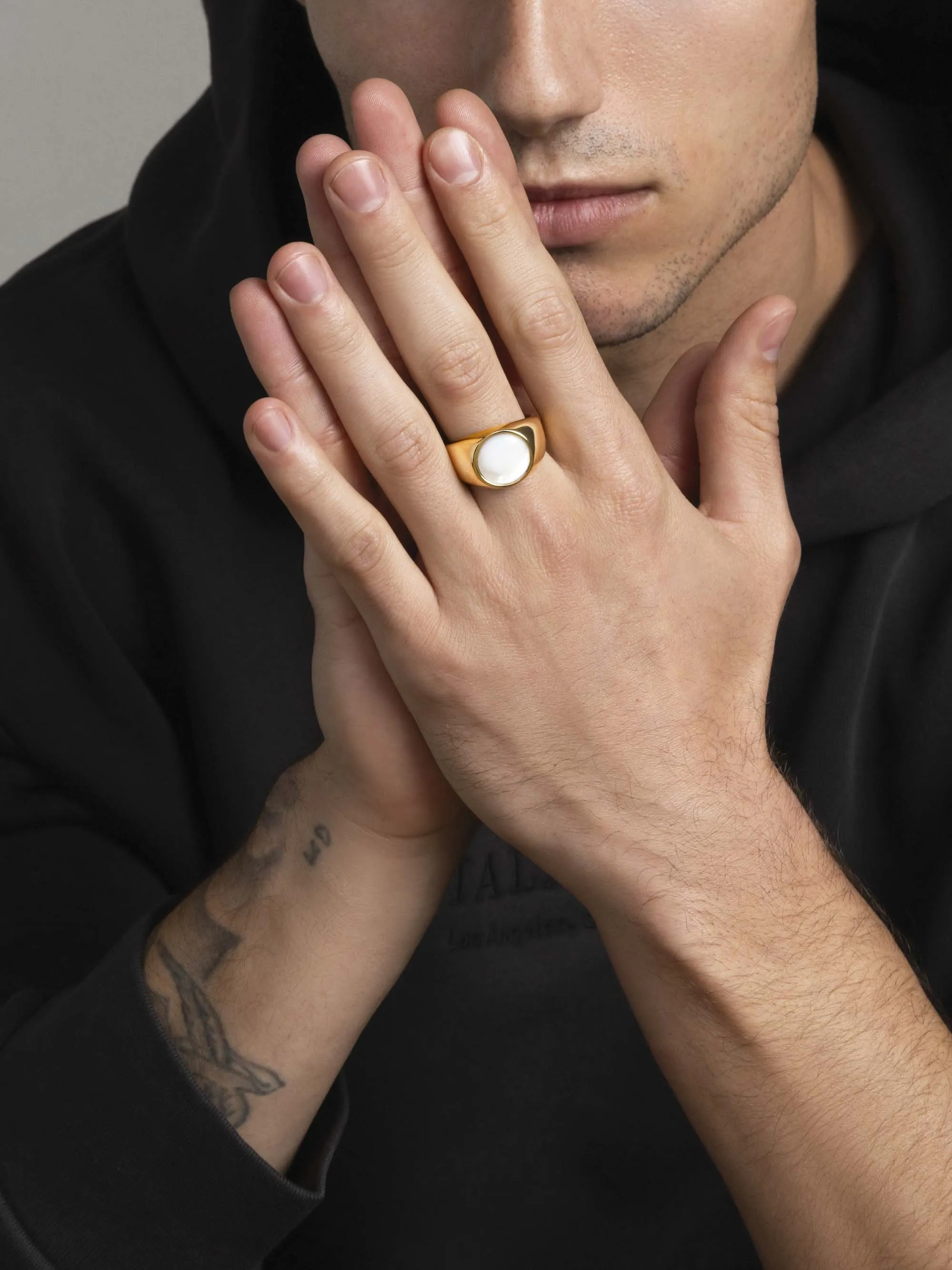 Men's Gold Signet Ring with Pearl Dome