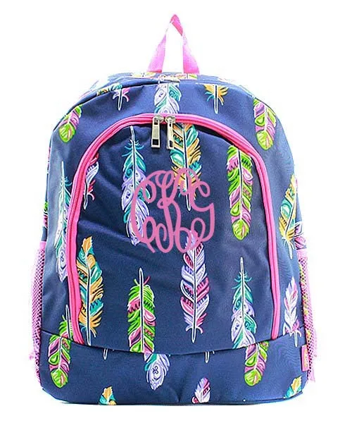 Monogrammed Navy and Pink Feather backpack