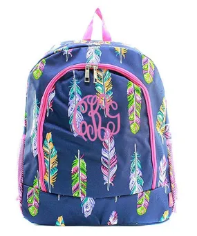 Monogrammed Navy and Pink Feather backpack