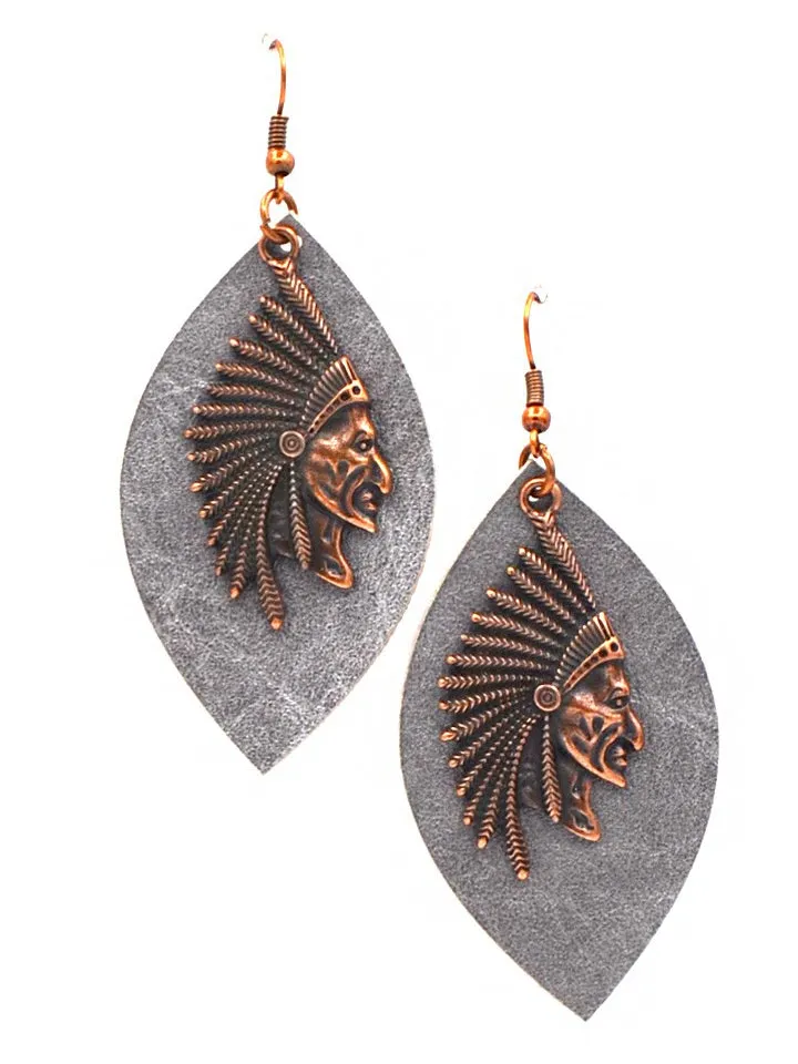 Montana West Leaf Shape Indian Head Earrings