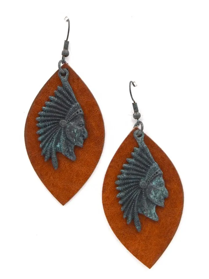 Montana West Leaf Shape Indian Head Earrings