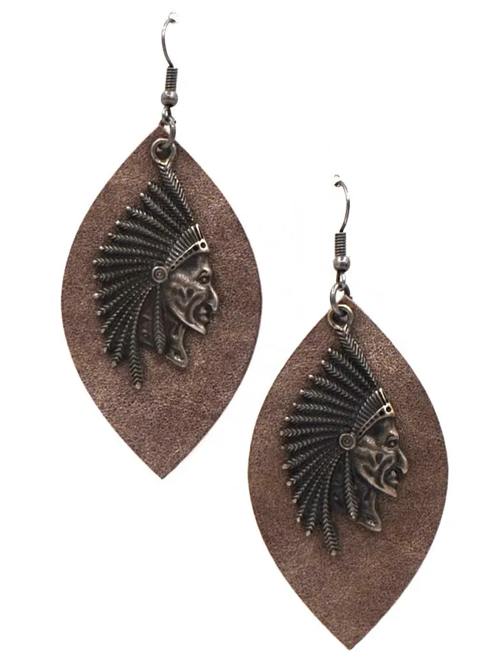 Montana West Leaf Shape Indian Head Earrings