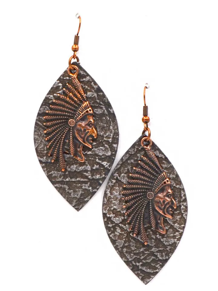 Montana West Leaf Shape Indian Head Earrings