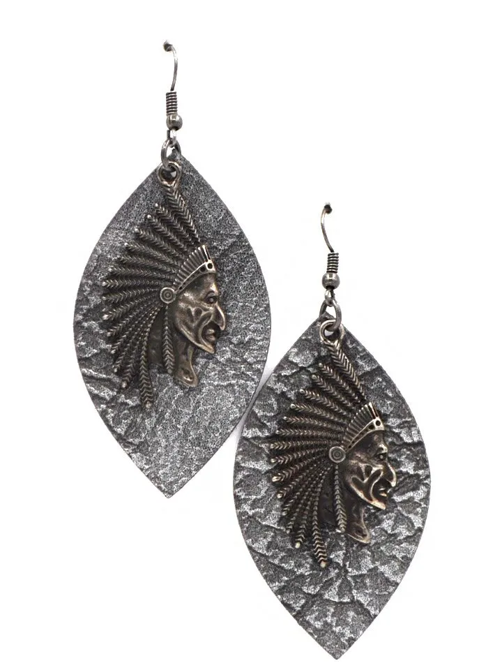 Montana West Leaf Shape Indian Head Earrings