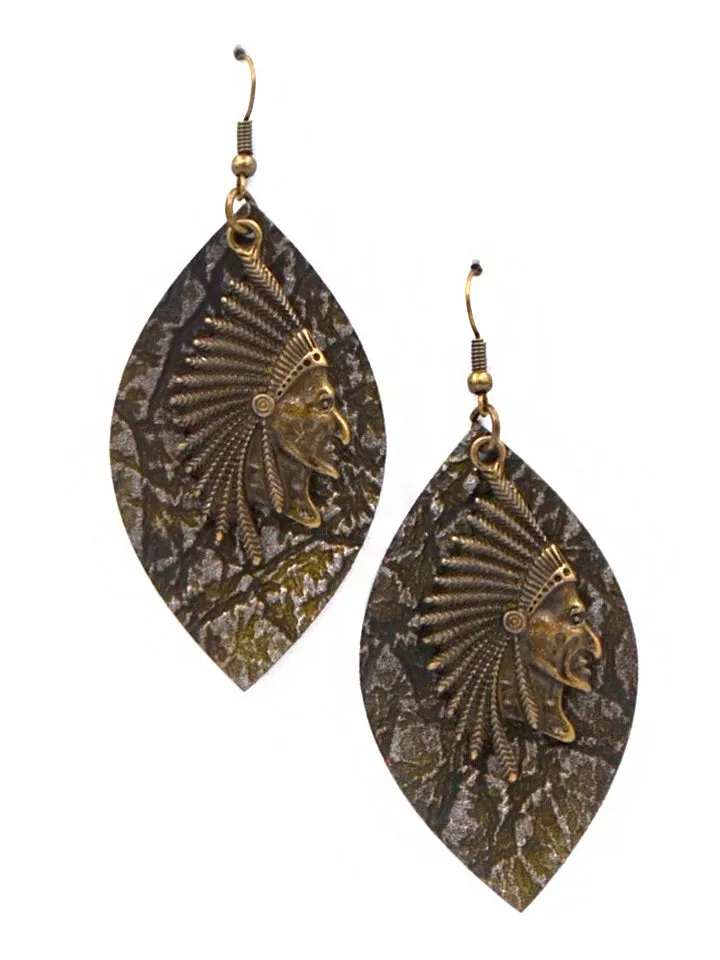 Montana West Leaf Shape Indian Head Earrings